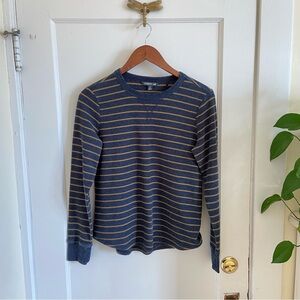 Toad&Co Waffle Navy and Mustard Striped Foothills Long Sleeve Crew Tee M